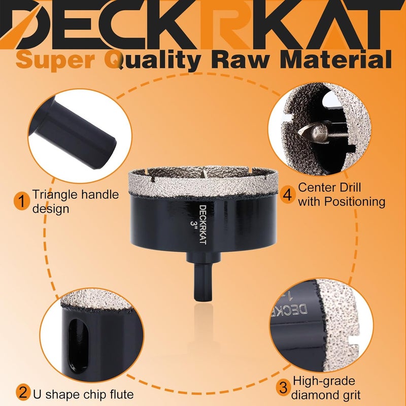 DECKRKAT 3 inch Diamond Hole-Saw Bits with Pilot Drill Bit -3" Diamond Tipped Tile Hole Saws with Guiding Bit Accurate Drilling for Porcelain Tile Ceramic Pottery Granite Stone Glass Bottles 75mm - Image 4